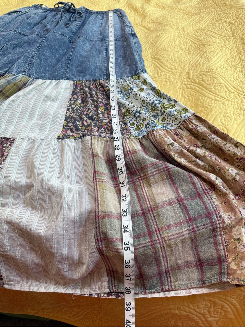 H034 NWT Blue Velvet L w14-20 Boho Patchwork Wide-Leg Denim Pants Blue Cream - Picture 9 of 12